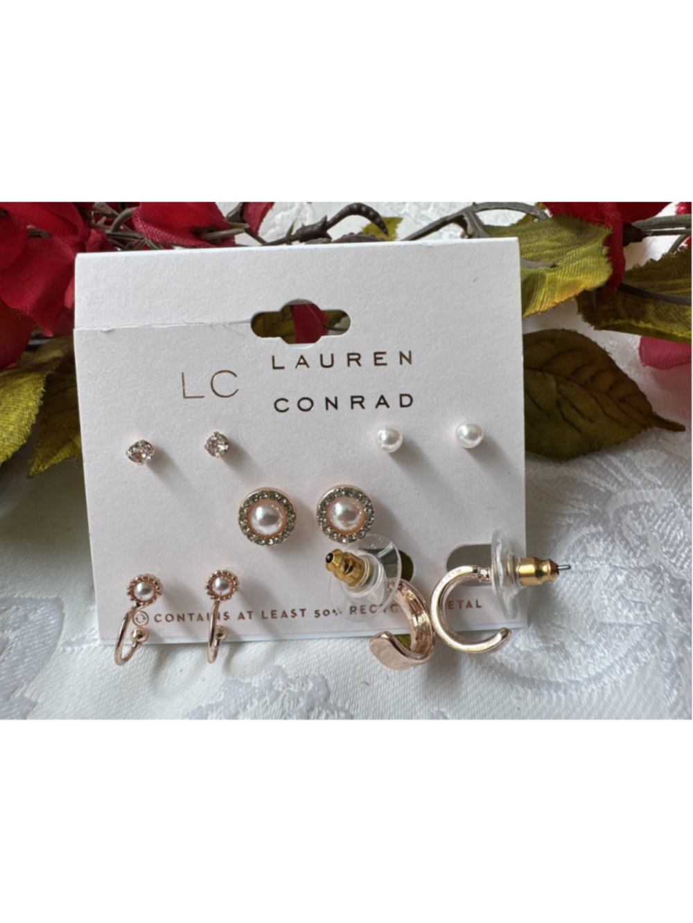 LC Lauren Conrad Set 5 Pairs Gold CZ Tiny Stud Pearls Hoops Earrings Golden NEW